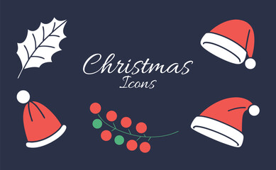 Hand drawn christmas icons including santa hats and festive lights on dark background