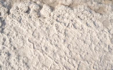 Natural Salt Crust Surface Pattern On Salty Lake Texture With Mineral Deposits And Shallow Water good background.