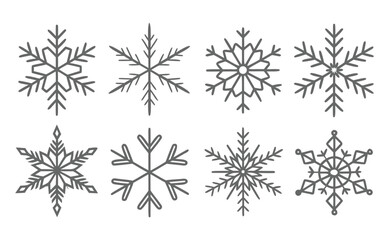 Collection of eight unique hand drawn snowflake illustrations on a white background
