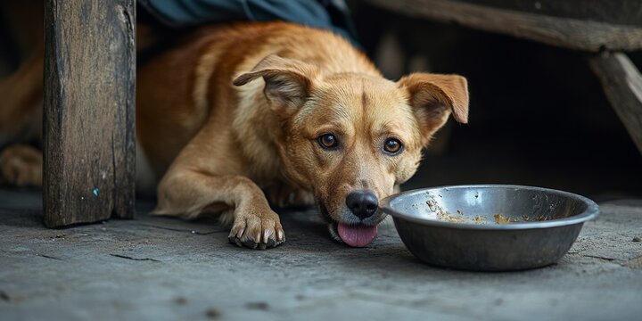 A hungry golden dog peering under a table towards a metal bowl. The scene captures a moment of anticipation and longing. This image conveys warmth and the bond between pets and their food. AI