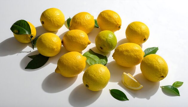 A collection of vibrant yellow citrus fruits and verdant leaves, artfully arranged with contrasting light and shadows on a stark white surface
