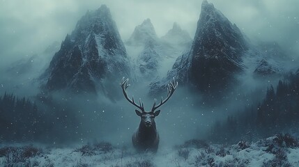 Deer in misty mountain landscape