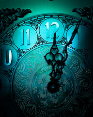 Close-up of Vintage Clock Face with Ornamental Hands