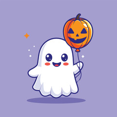 Obraz premium Cute ghost holding pumpkin balloon cartoon vector icon illustration people holiday isolated flat