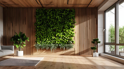 modern interior with vertical green wall, natural wood, open space, eco-friendly sustainable design, cinematic 16:9