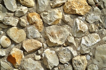 Close-up of a rugged surface featuring diverse light and earthy-toned rocks and stones of varying sizes embedded in sand.