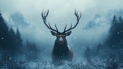 Majestic deer in snowy forest
