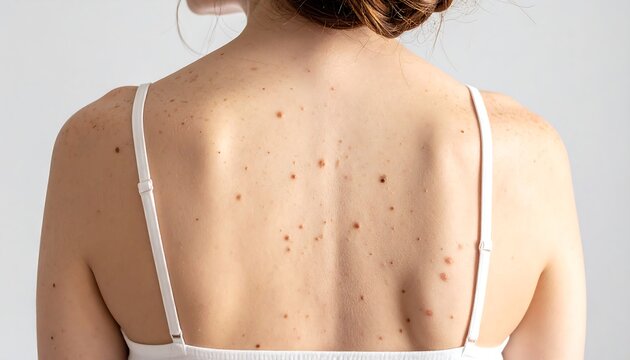 A fair-skinned person's back displays various dark spots and moles. They are wearing a white camisole top with thin straps