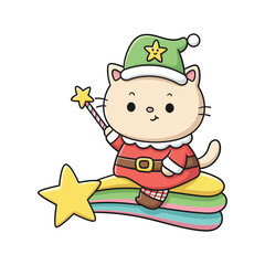 Cute Star Character with Santa Hat Outline Vector Drawing for Kids Christmas Celebration Clipart