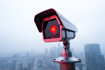 Fototapeta premium Surveillance camera with glowing red light overlooks a hazy city