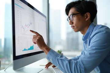 Young asian man analyzing financial data on computer screen.