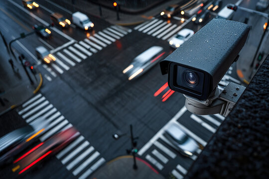 Security camera overlooks a rainy city intersection with blurred traffic