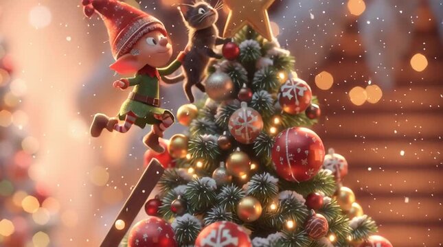 Funny 3D animated scene of a clumsy elf on a ladder placing a star on a huge Christmas tree as a playful cat in a Santa hat bats at him, ornaments falling, warm cheerful lighting.
