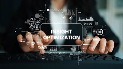 Businesswoman Engaging in Insight Optimization Strategy with Data Visualization and Digital Interface Representation. Asymptotic smart data analytic.