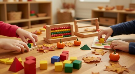 Children playing educational toys learning numbers and shapes