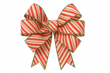 Christmas bow with red and white diagonal stripes and green glitter trim, festive gift decoration with transparent background