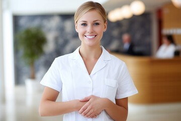 Young Caucasian woman smiles warmly, hands clasped, wearing white uniform, standing in reception area.