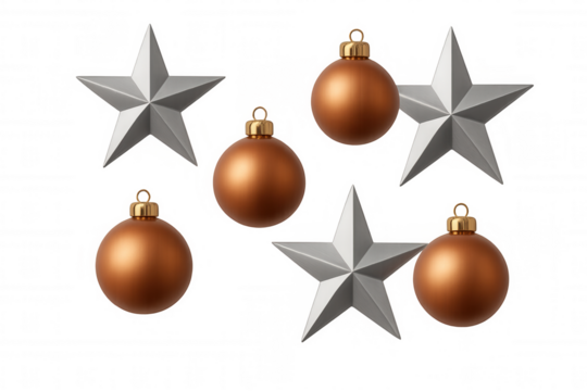 Christmas holiday ornaments with silver stars and copper baubles on transparent background