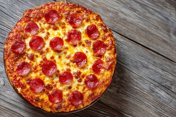 Delicious pepperoni pizza with melted cheese, golden crust, freshly baked, on rustic wooden table, copy space.