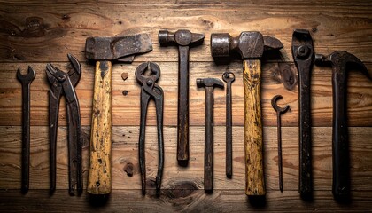 A collection of well-worn hand tools, including hammers, wrenches, and pliers, arranged neatly on a rustic wooden surface