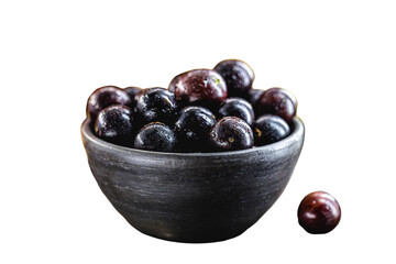 Jaboticaba or jabuticaba is a purplish black-white fruit that can be eaten raw or used to make jams, juices, liqueur or wine. Typical Brazil fruit on white isolated background.