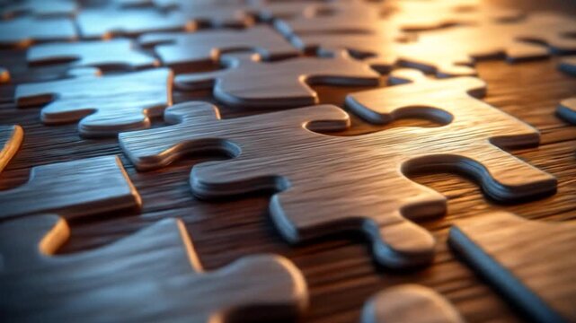 Close-up of many light-colored puzzle pieces on a wooden surface