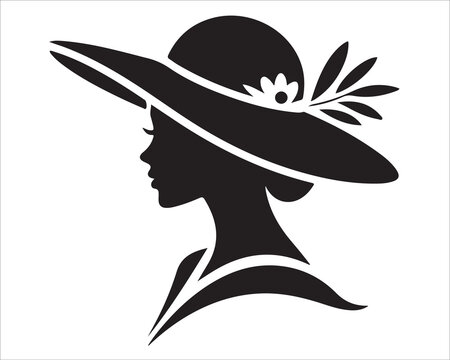 Elegant woman silhouette wearing wide brim hat with floral decoration vector illustration, vintage female profile design template for fashion, beauty, boutique, cosmetics, and style concept