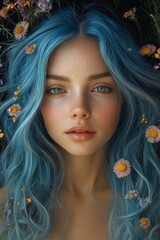 Young woman with vibrant blue hair surrounded by delicate flowers, showcasing a serene expression and natural beauty, embodying a whimsical and artistic atmosphere in a floral setting
