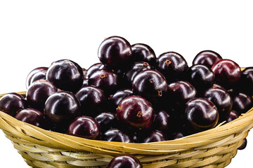 Jaboticaba or jabuticaba is a purplish black-white fruit that can be eaten raw or used to make jams, juices, liqueur or wine. Typical Brazil fruit on white isolated background.