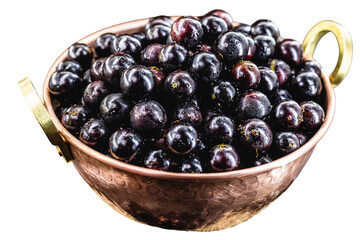 Jaboticaba or jabuticaba is a purplish black-white fruit that can be eaten raw or used to make jams, juices, liqueur or wine. Typical Brazil fruit on white isolated background.