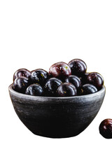 Jaboticaba or jabuticaba is a purplish black-white fruit that can be eaten raw or used to make jams, juices, liqueur or wine. Typical Brazil fruit on white isolated background.