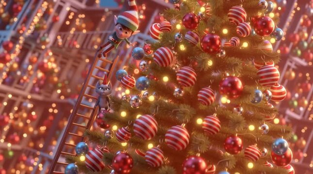 Funny 3D animated scene of a clumsy elf on a ladder placing a star on a huge Christmas tree as a playful cat in a Santa hat bats at him, ornaments falling, warm cheerful lighting.