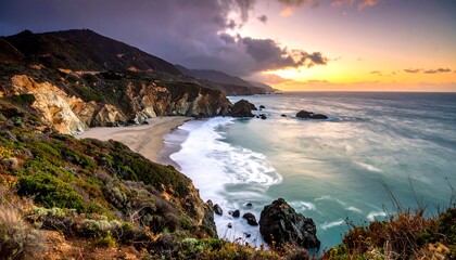 Dramatic sunset over a rugged coastline