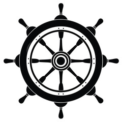 Black silhouette shows a ship's wheel, with its eight handles against a white backdrop © pipp99