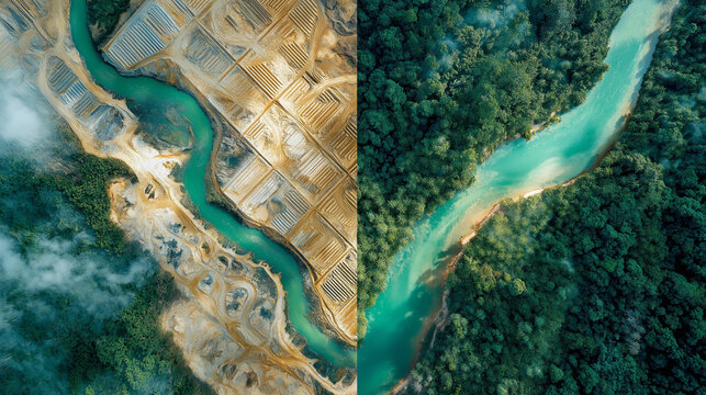 Split Aerial of the Amazon: Geometric Mining Clearings Versus Pristine Rainforest and Turquoise River