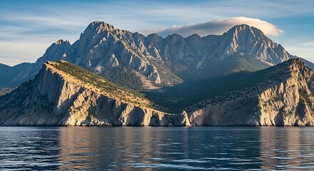 Majestic Mountain Range Meets Azure Sea.