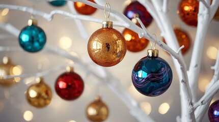 Close up of golden and blue Christmas glass baubles with glitter and decorative patterns hanging on white tree branches, festive holiday background with glowing lights and joyful winter atmosphere