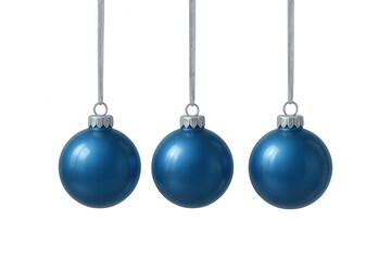 Three blue christmas ornaments hanging, creating a festive holiday decoration on a transparent background