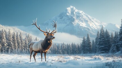 Elk in snowy mountain landscape