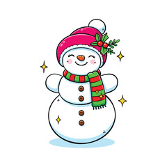Snowman Character Outline Vector Drawing with Scarf, Hat, and Button Details for Holiday Decor
