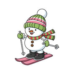 Snowman Outline Vector Drawing Skiing with Scarf for Winter Sports and Activity Graphics