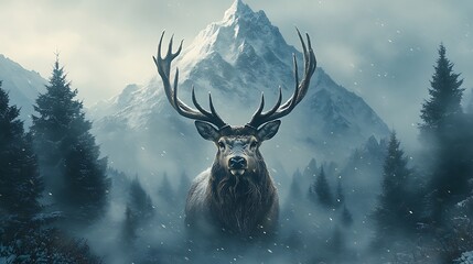 Majestic stag in misty mountain forest