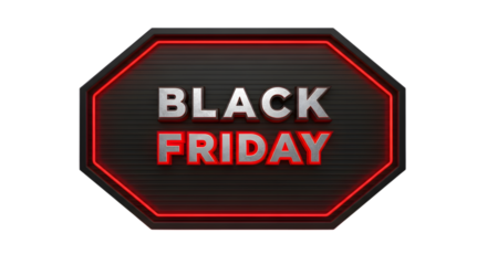 Black friday sale event text on a dark octagonal shape with red neon border, isolated on transparent background