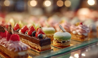 Exquisite selection of miniature cakes and pastries displayed in a bakery window