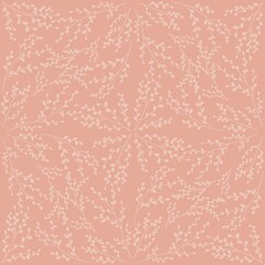 Seamless pattern of delicate white botanical sprigs on a muted, blush pink background, symbolizing gentle femininity, organic growth, serenity, and contemporary elegance.