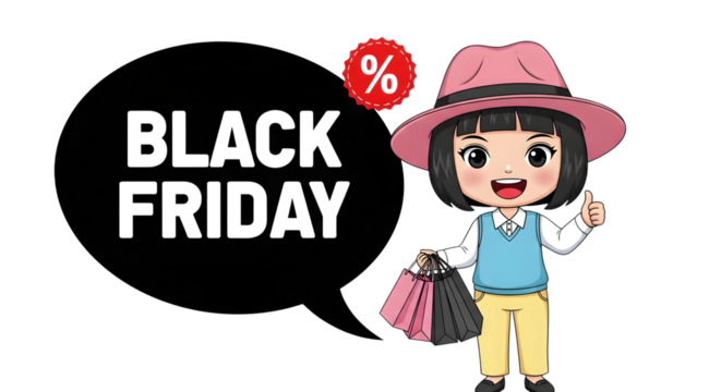Cute cartoon girl with shopping bags and a speech bubble saying black friday, isolated on transparent background - Powered by Adobe