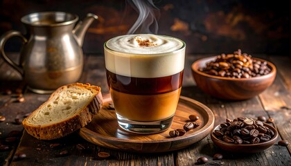 A layered beverage with creamy foam steams on a wooden tray, accompanied by coffee beans, a slice of bread, and a metallic pot