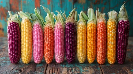 Colorful corn display on rustic background