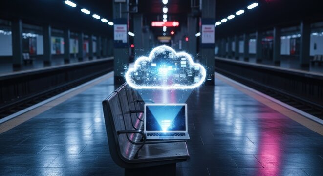 Laptop with digital cloud hologram at subway station, concept of cloud computing, internet connection, remote work, data transfer, smart city technology and modern digital innovation