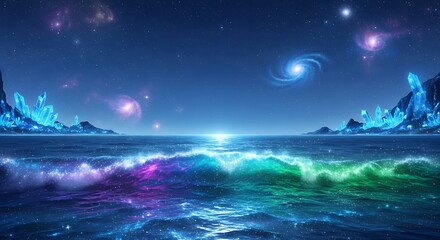 Surreal Ocean with Bioluminescent Waves, Crystal Shores, and Spiral Galaxies